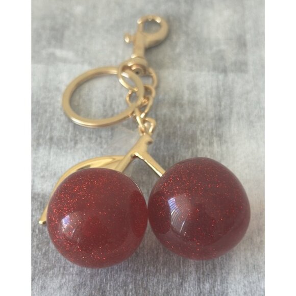 Luxurious 18K Gold Plated Cherry Bag Charm, Cherry Keychain  Cherry Pair  w Leave Red Glitter Keychain Fob Purse Charm Gold